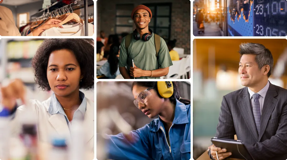 Collage of industries served by EFHR: hospitality, retail, manufacturing, IT, automobile and production